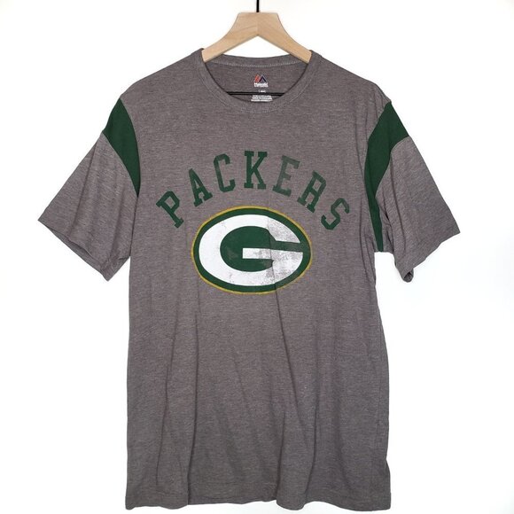 Green Bay Packers Short Sleeve Tee Logo Majestic L Grey T-Shirt - Picture 1 of 5
